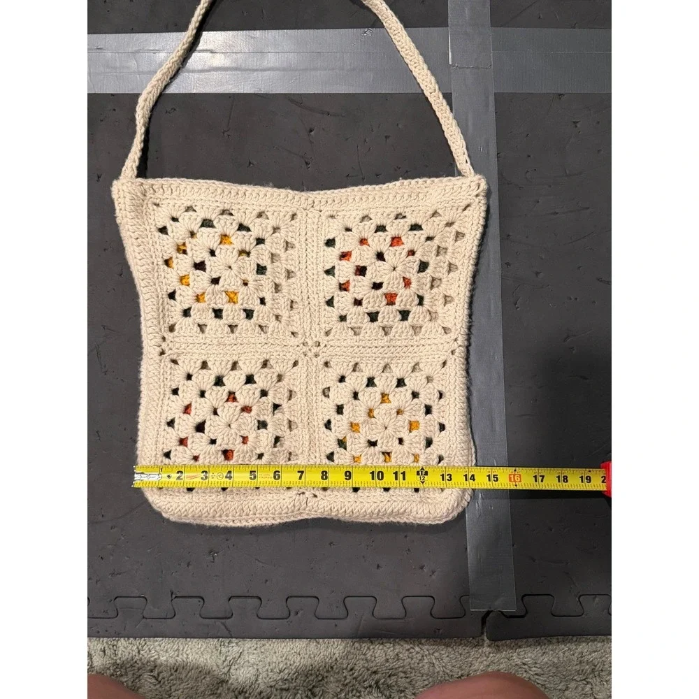 Handmade Crochet Granny Square Sunflower Tote Bag Cream Boho Floral Shoulder Bag